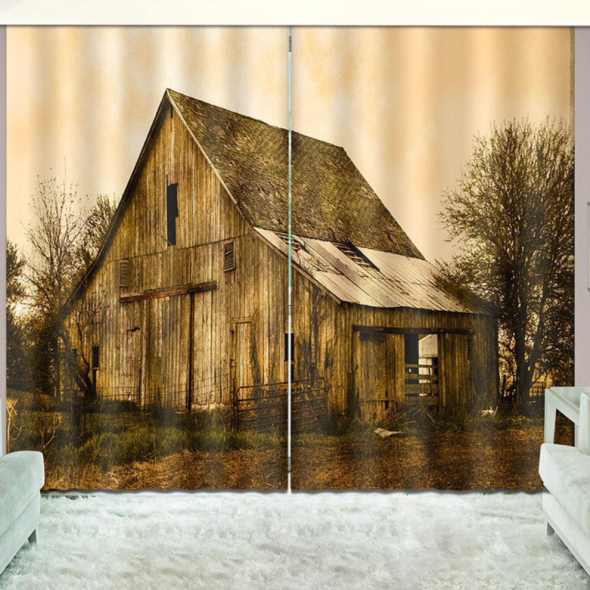 3d Old Wooden House Printed Window Curtain Home Decor