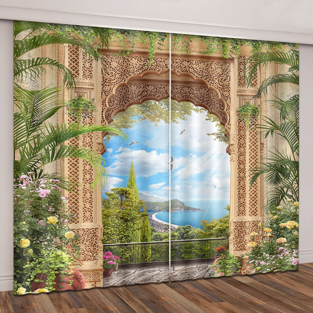 3d Overlooking The Coast From Arch Door Printed Window Curtain Home Decor