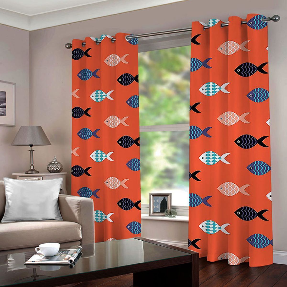 3d Painted Fish Orange Background Printed Window Curtain Home Decor