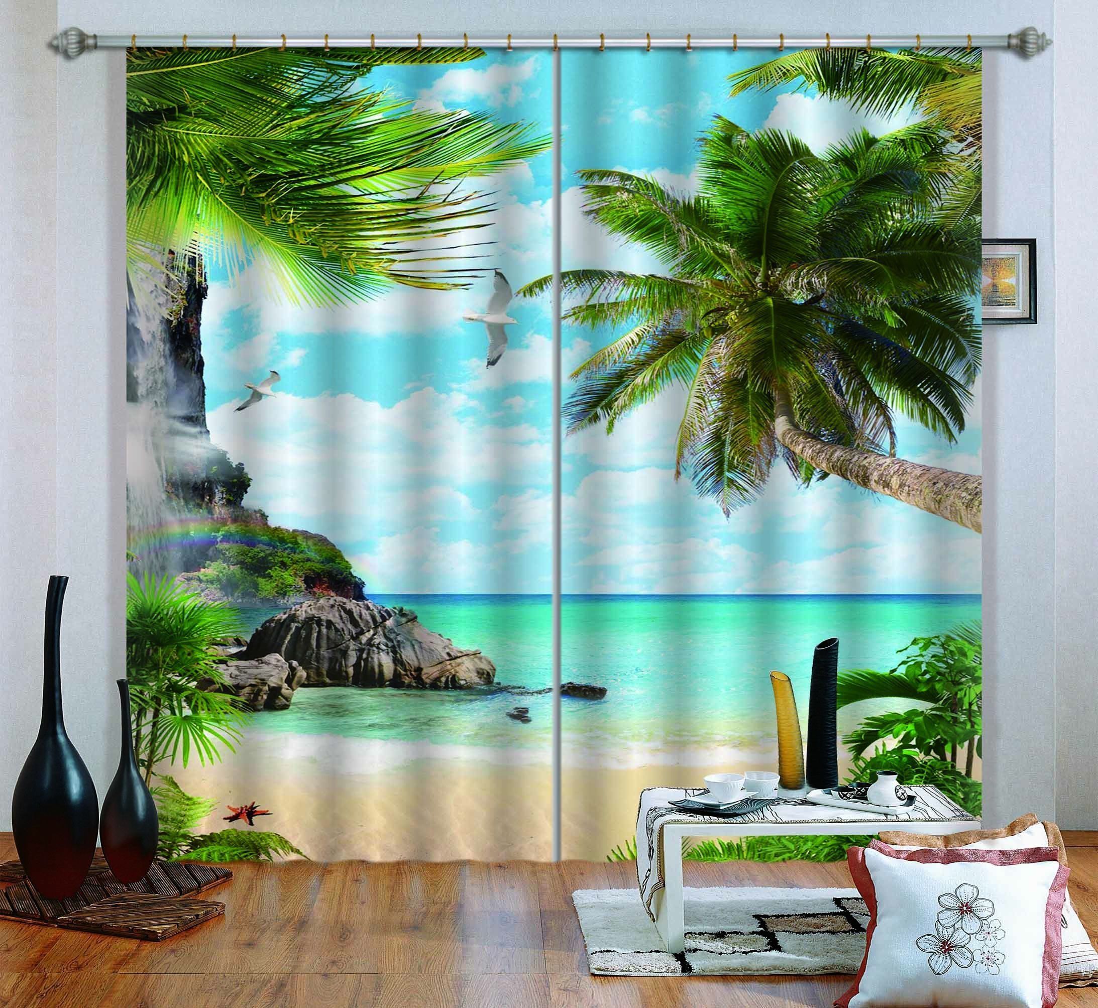 3D Palm Tree On The Island Printed Window Curtain