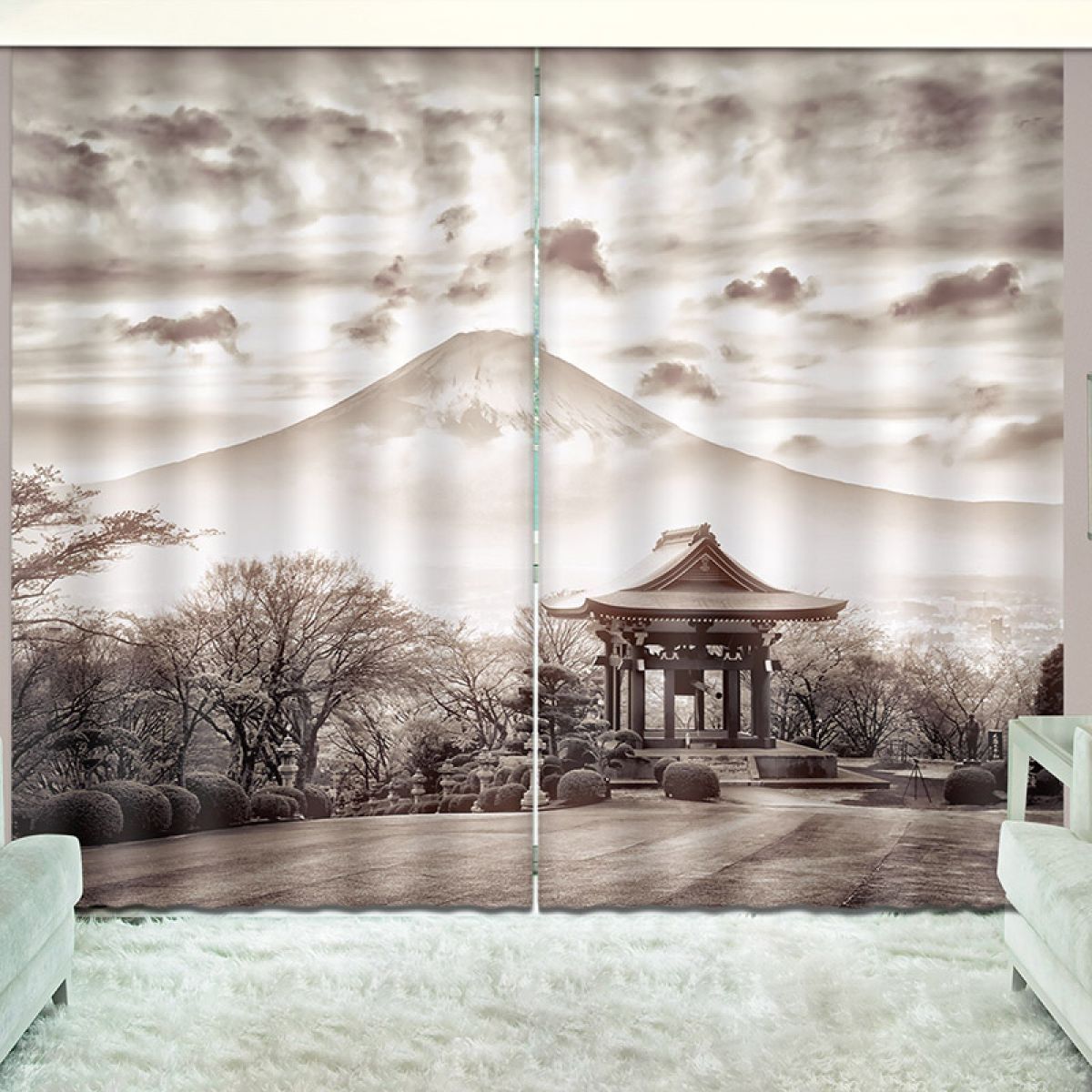 3d Pavilion And Mount Fuji Printed Window Curtain Home Decor
