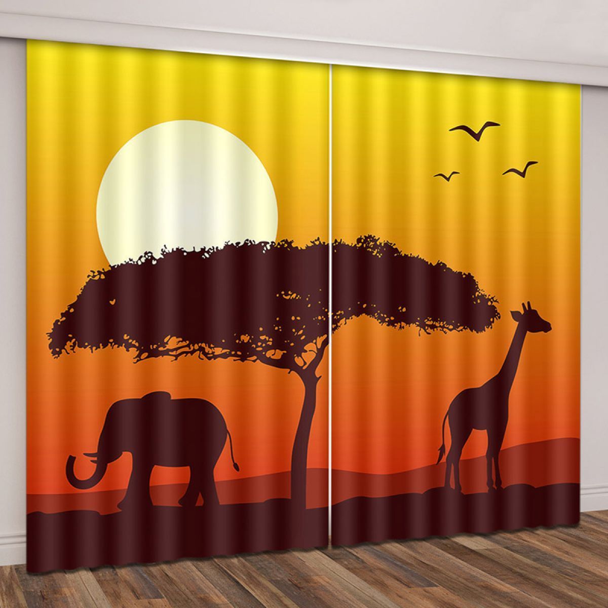 3d Printing Giraffe And Elephant At Sunset Printed Window Curtain Home Decor