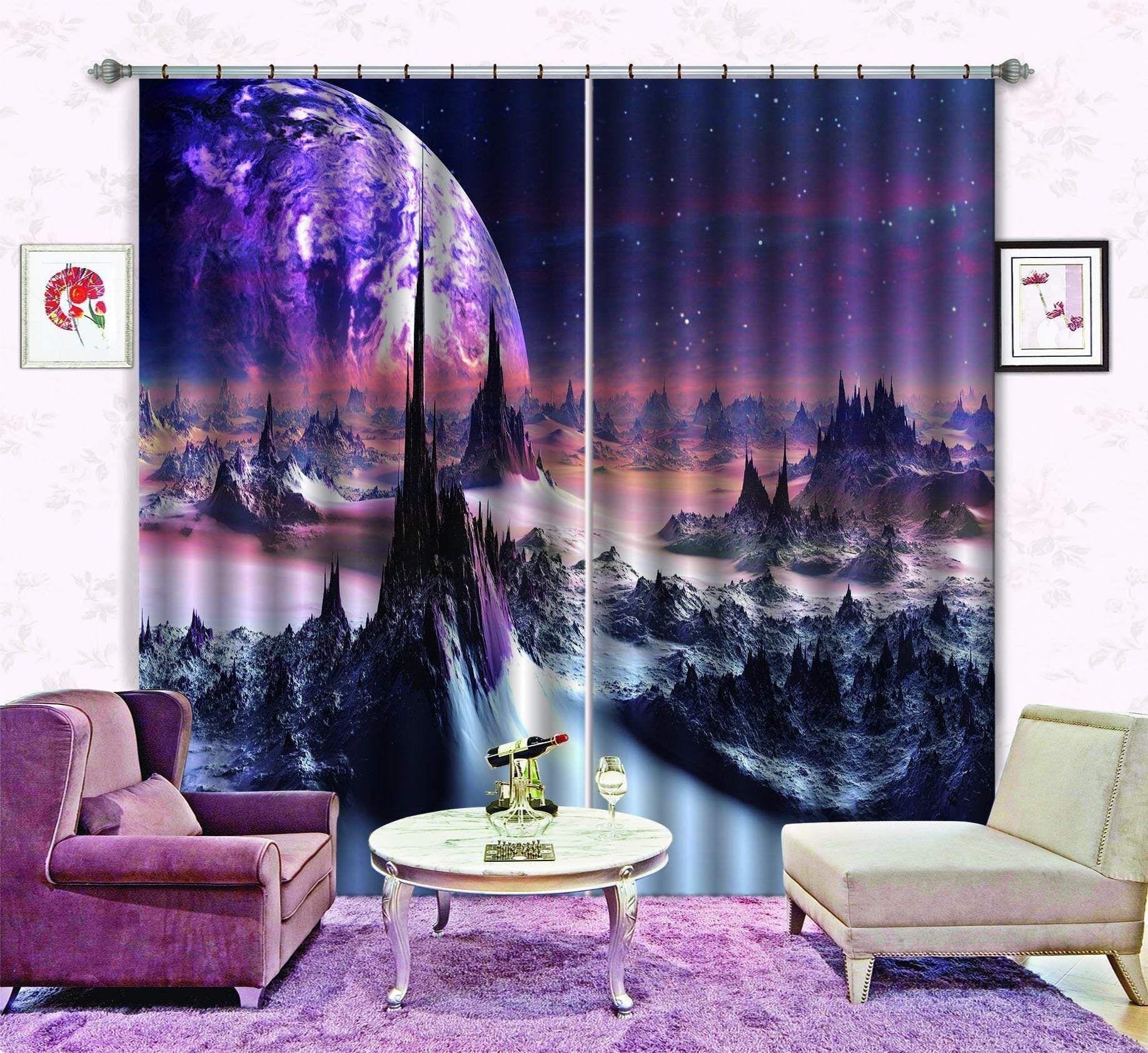 3D Purple Universe Mountainous Terrain Printed Window Curtain