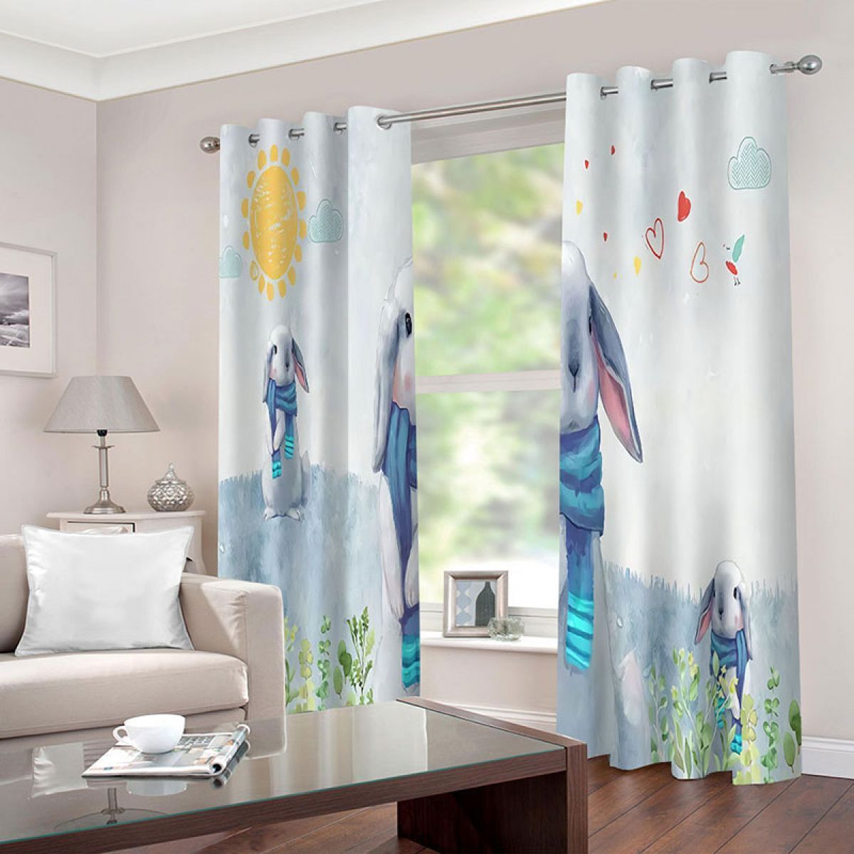 3d Rabbits Playing On Sunny Day Printed Window Curtain Home Decor