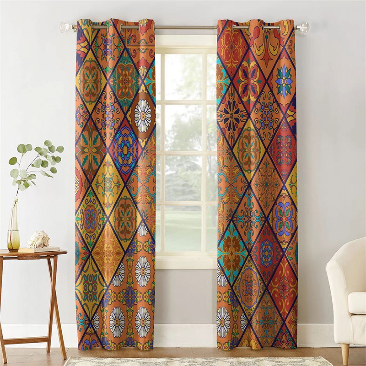 3d Rhombuses With Floral Motifs Printed Window Curtain Home Decor