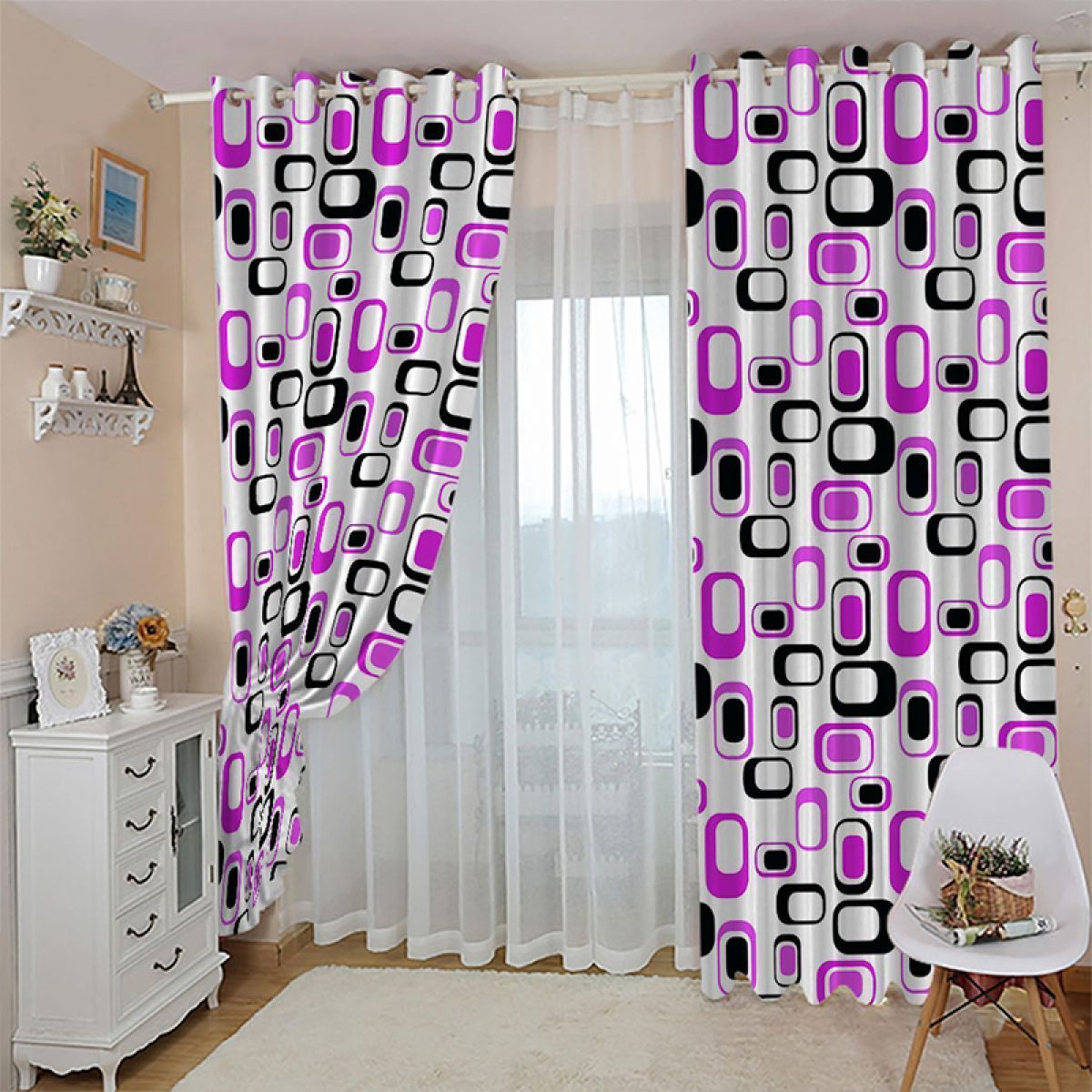 3d Rounded Rectangles Purple And Black Printed Window Curtain Home Decor