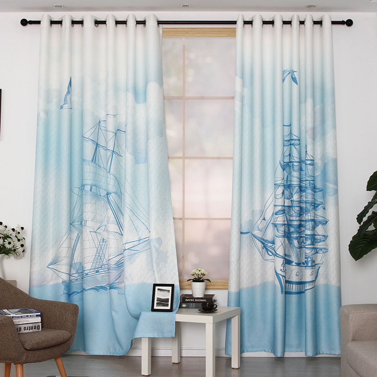 3d Sailing Boat Printed Window Curtain Home Decor