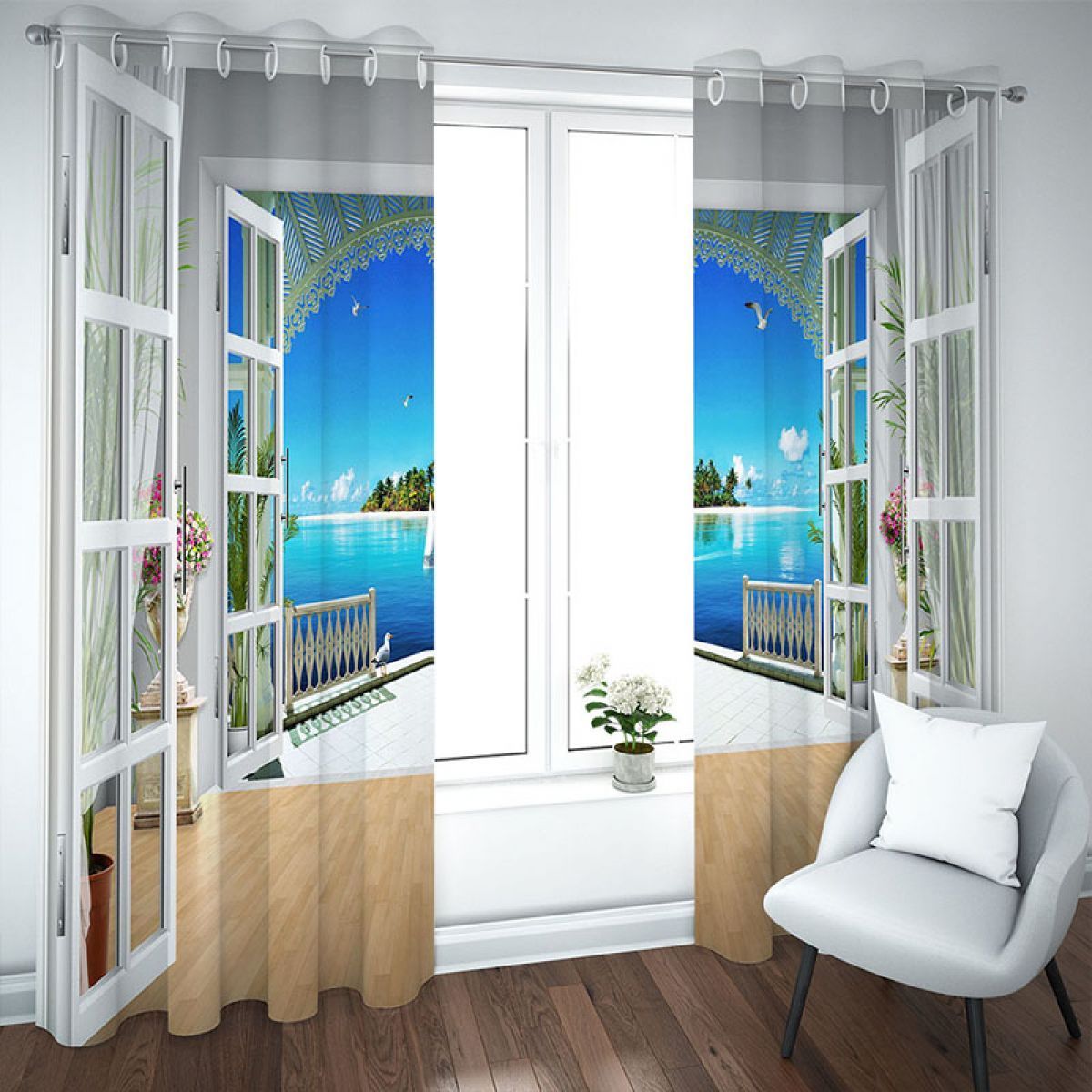 3d Sea View Through Balcony Printed Window Curtain Home Decor