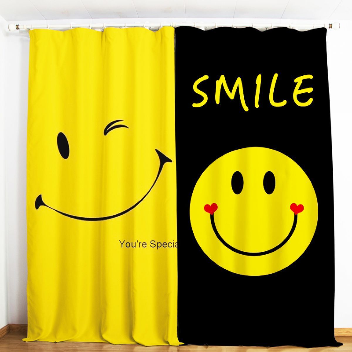 3d Smile Face Yellow And Black Printed Window Curtain Home Decor