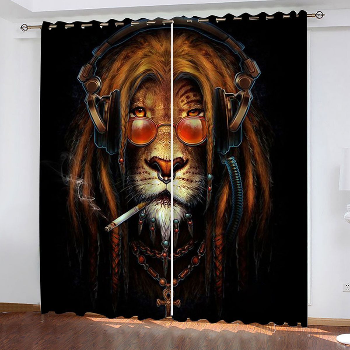 3d Smoking Lion With Sunglasses Printed Window Curtain Home Decor