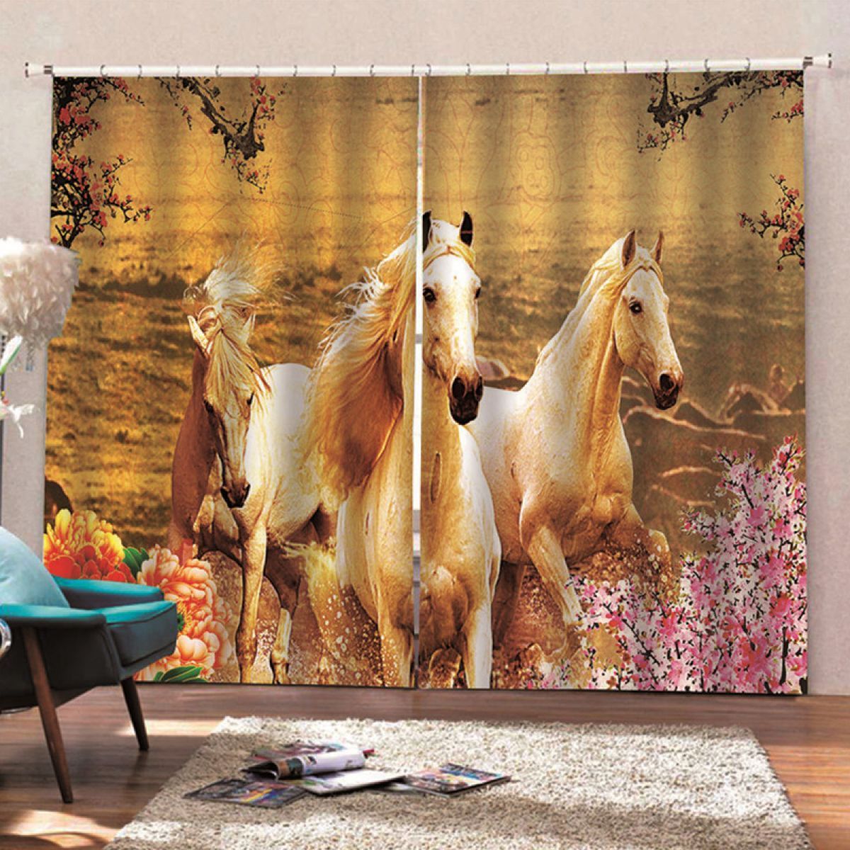 3d Spring Vibe Running Horse Printed Window Curtain Home Decor