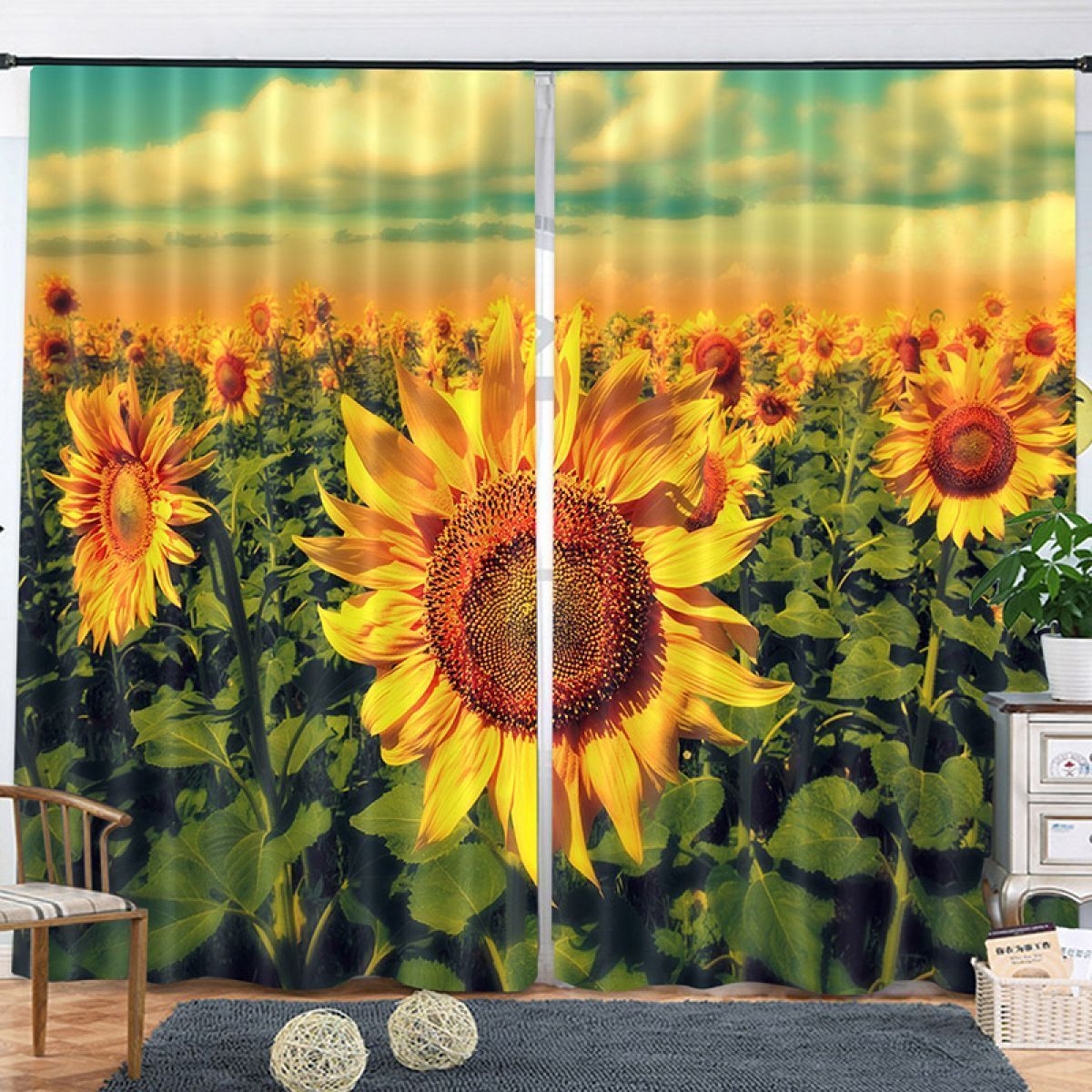 3d Sunflower Field At Sunset Printed Window Curtain Home Decor