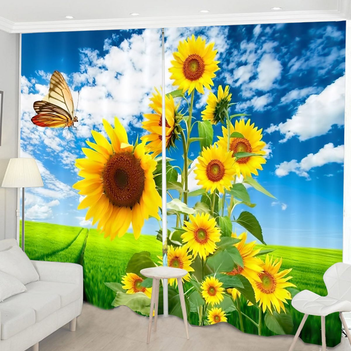 3d Sunflowers And Butterfly Printed Window Curtain Home Decor