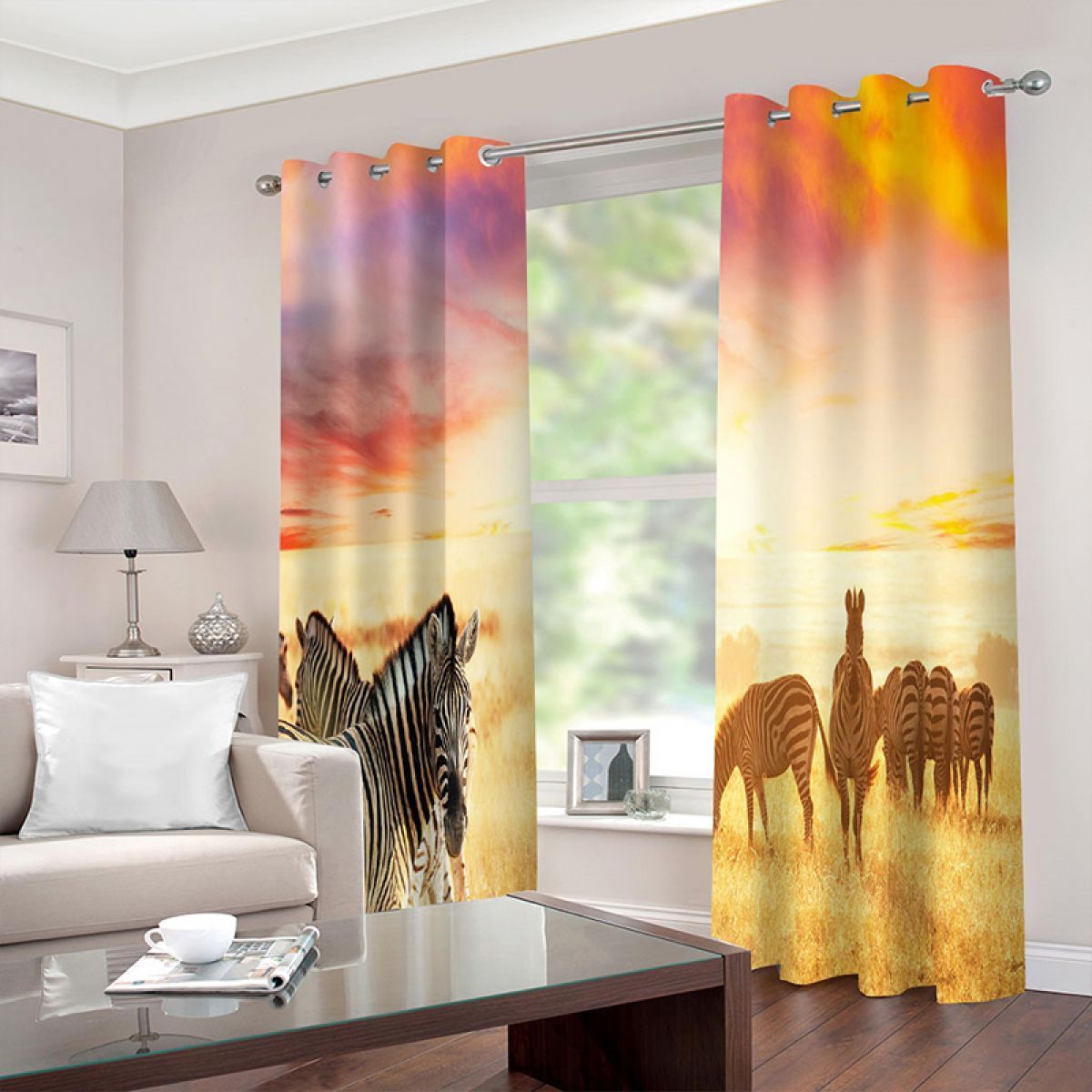 3d Sunset Zebras Printed Window Curtain Home Decor