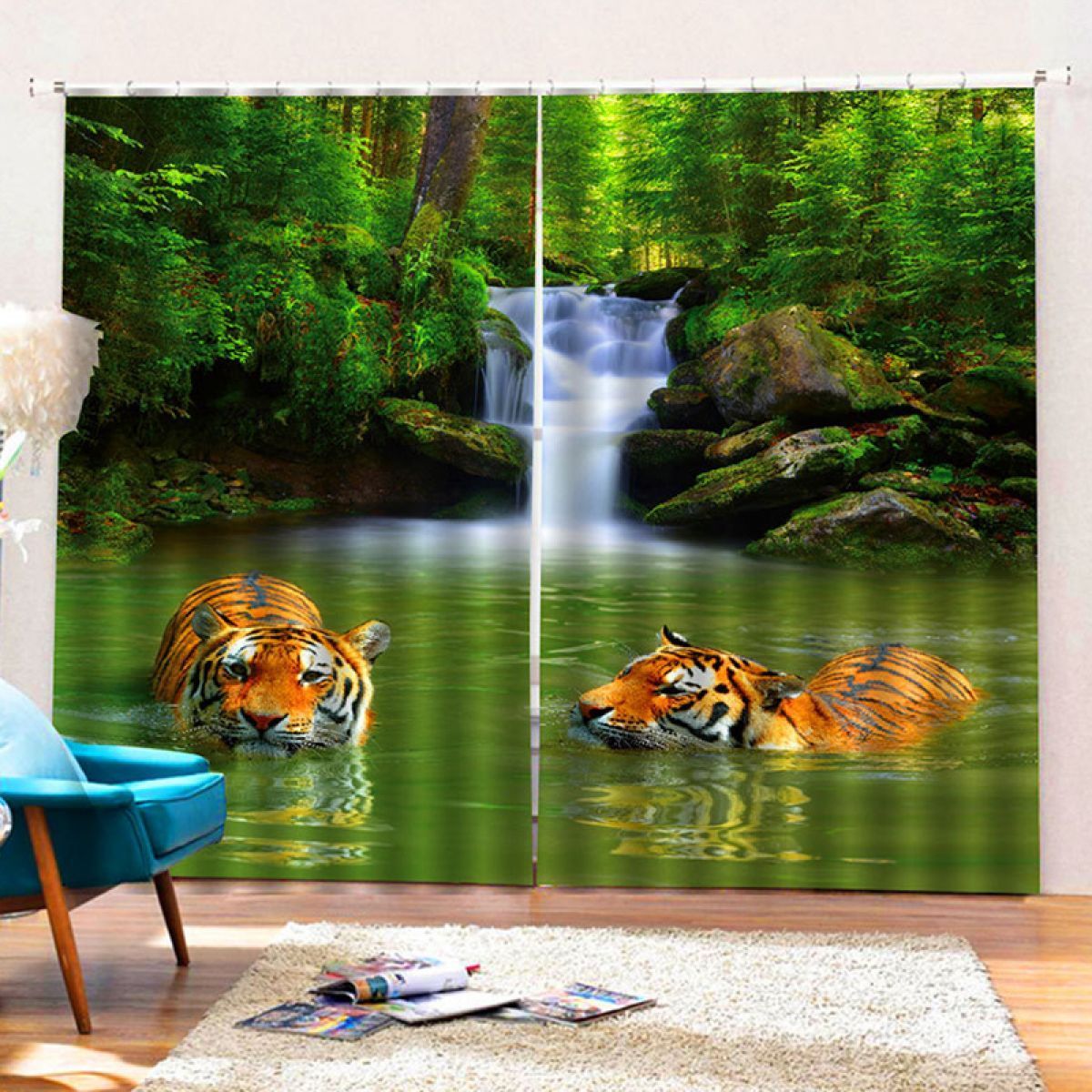 3d Swimming Tiger Printed Window Curtain Home Decor