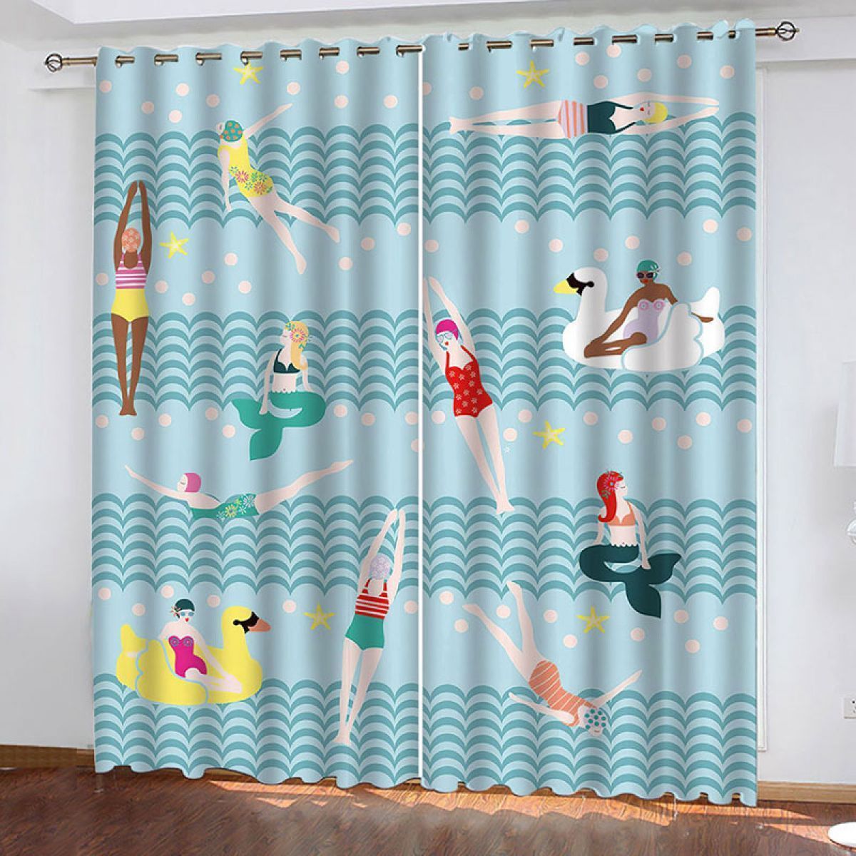 3d Swimming Women And Mermaids Printed Window Curtain Home Decor