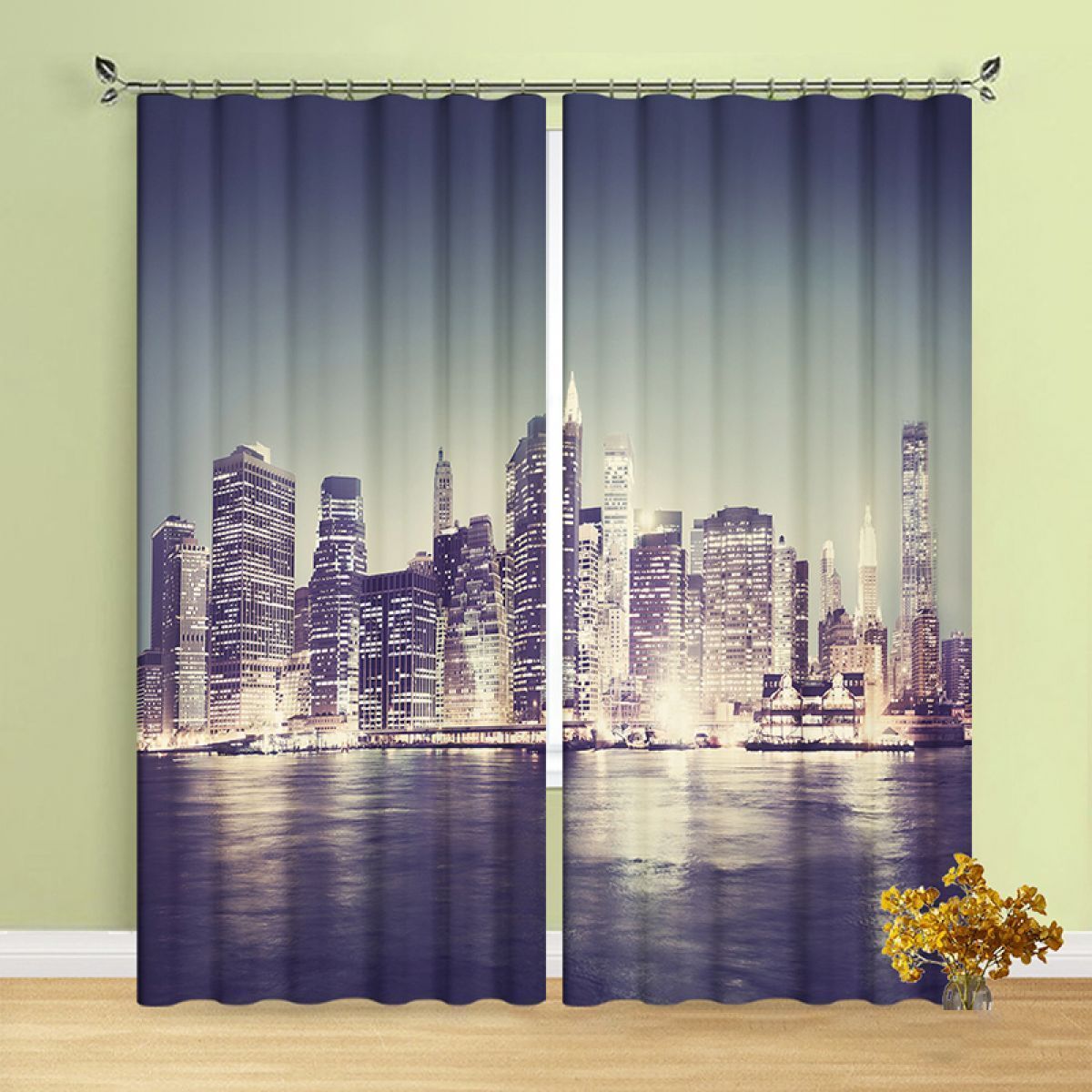3d Tall Building Near River At Night Printed Window Curtain Home Decor