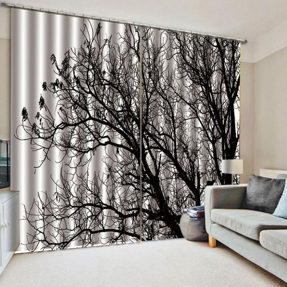 3d Tree Black And White Art Printed Window Curtain Home Decor