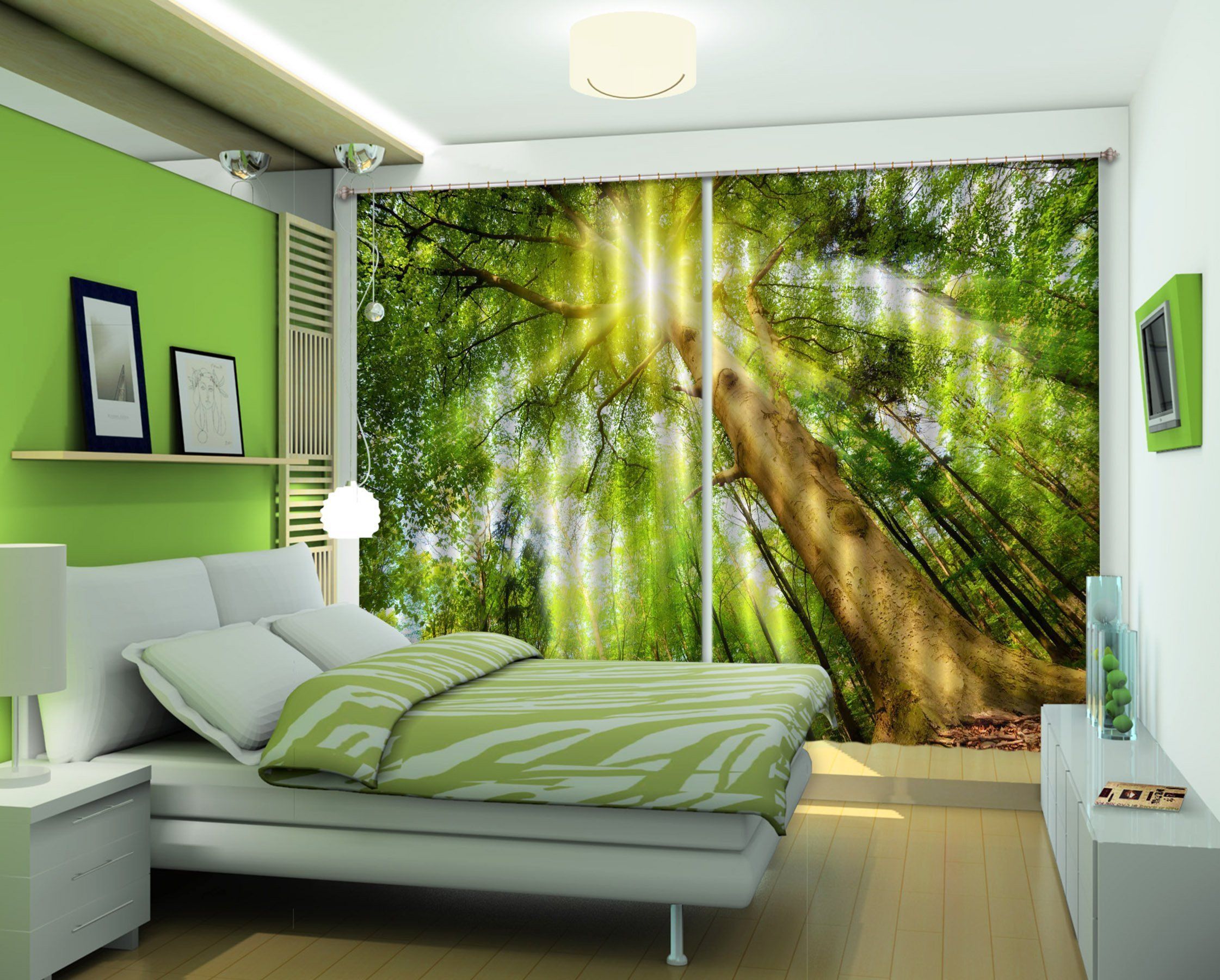 3D Tree With Sunlight Fresh Atmosphere Printed Window Curtain