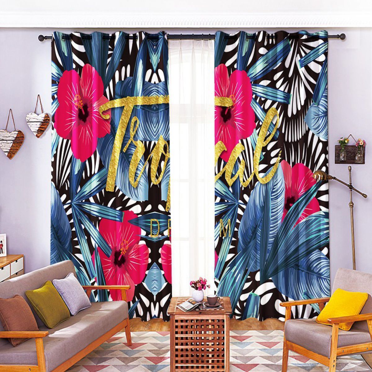 3d Tropical Pink Blossom Printed Window Curtain Home Decor