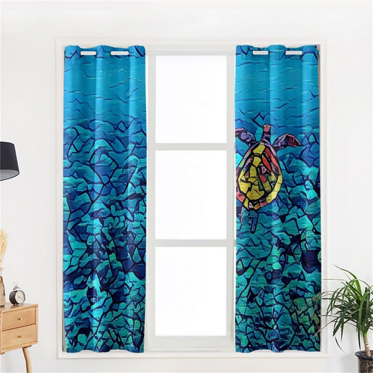 3d Turtle In The Ocean Printed Window Curtain Home Decor