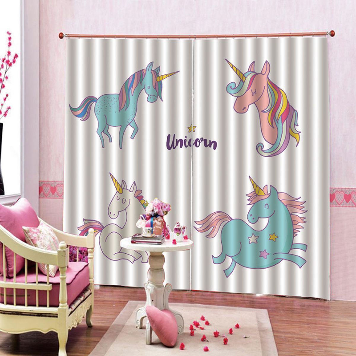 3d Unicorn Cartoon Pattern Printed Window Curtain Home Decor