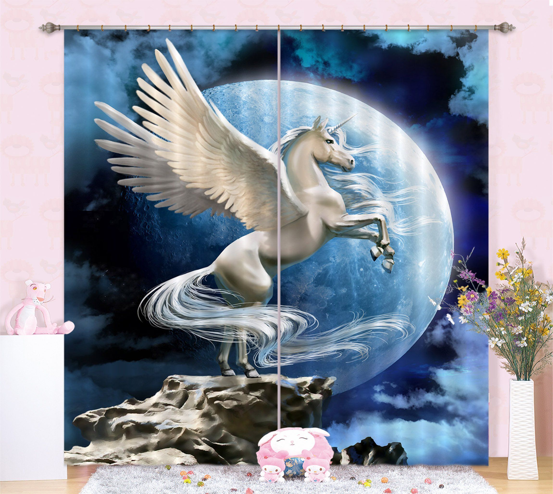 3D Unicorn With Wings Full Moon Printed Window Curtain