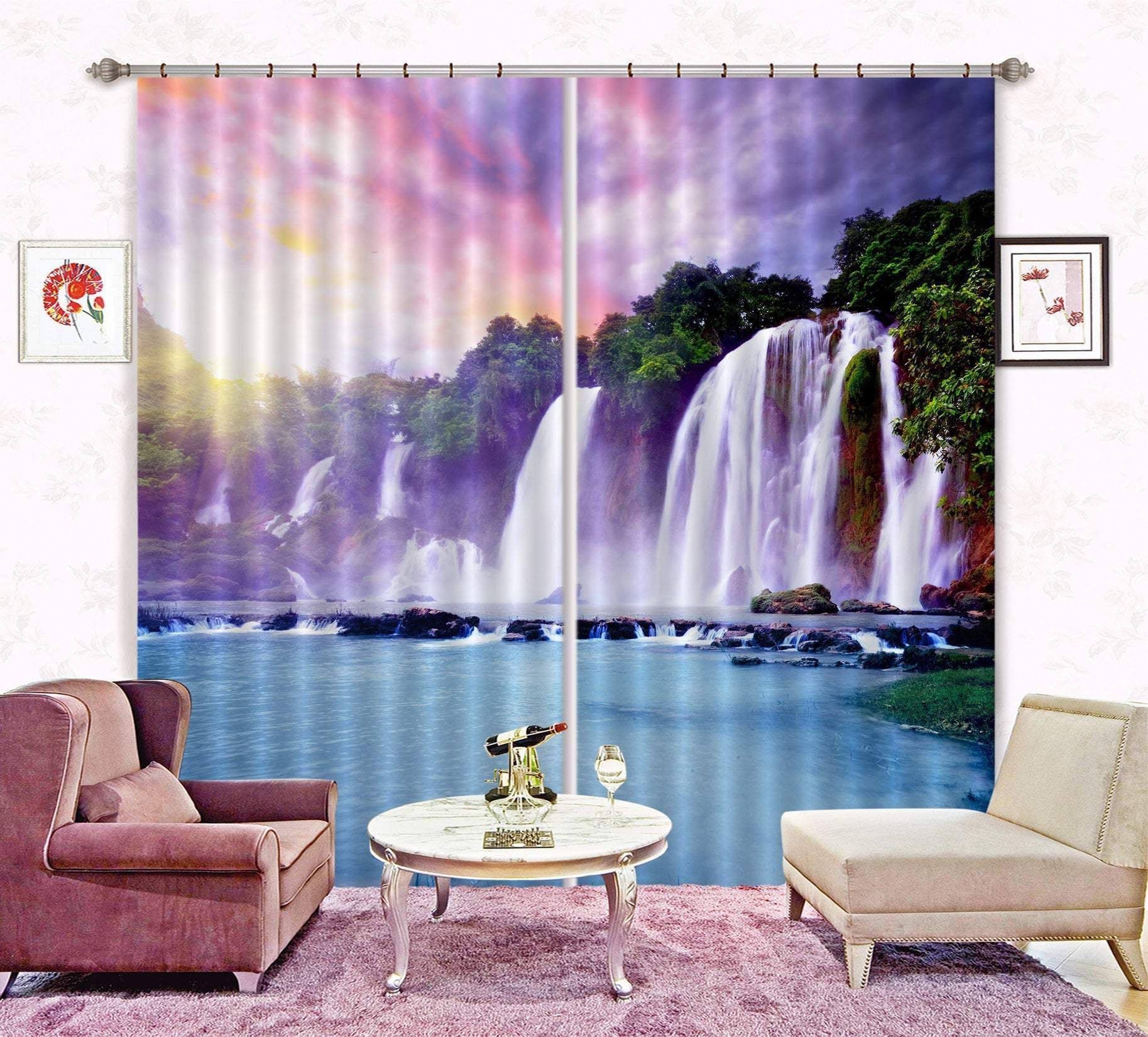 3D Waterfall And Purple Sky Printed Window Curtain