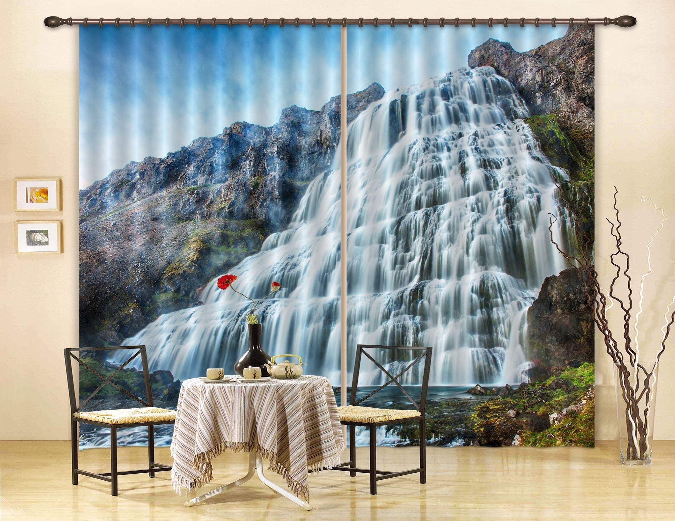 3D Waterfall On The Mountain Printed Window Curtain