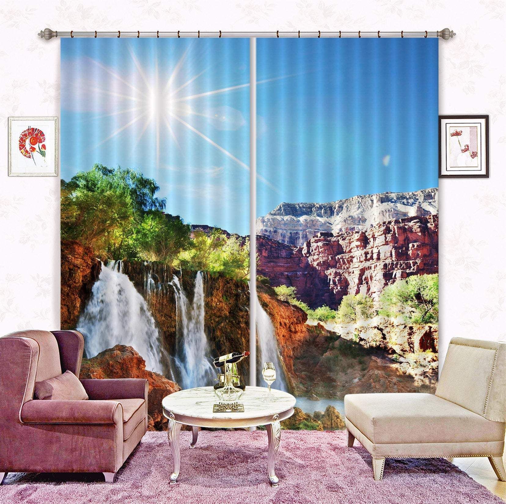 3D Waterfall With Mountain Great Landscape Printed Window Curtain