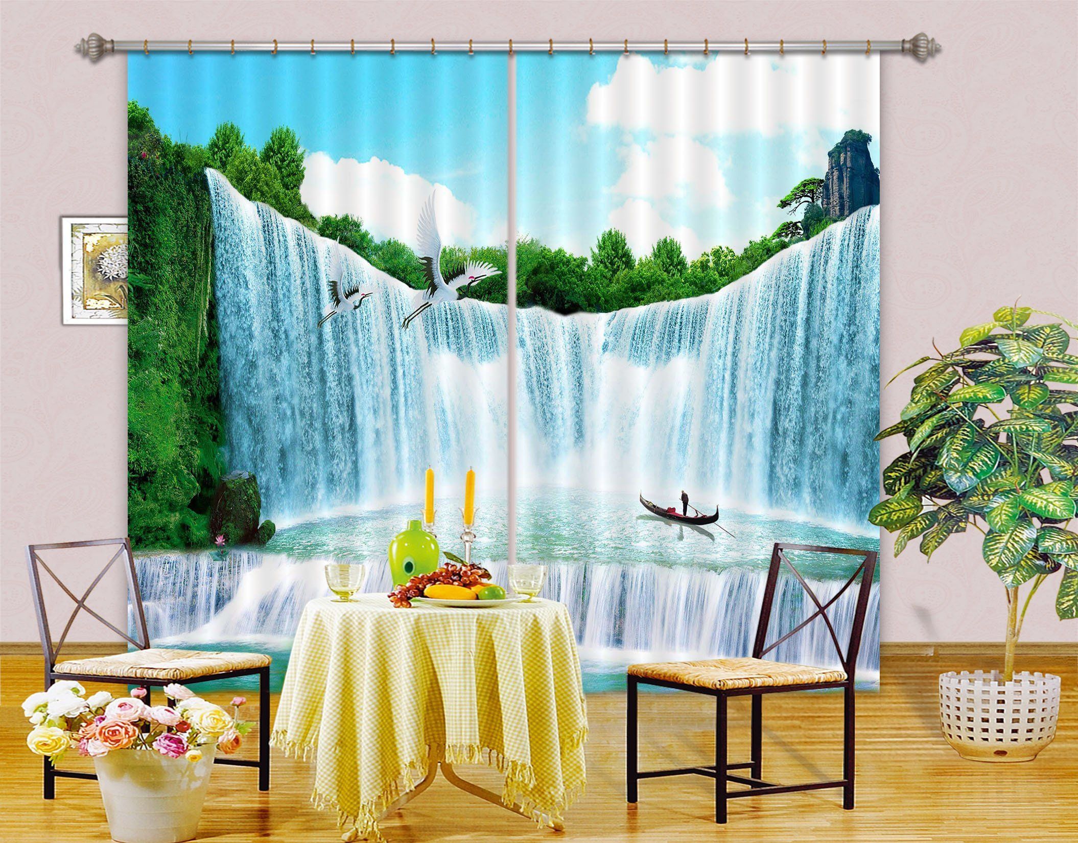 3D Waterfall With Plants Single Boat Printed Window Curtain