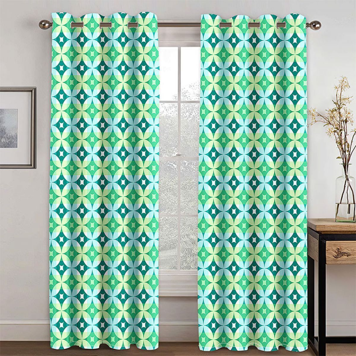 3d White Green Rhombus Printed Window Curtain Home Decor