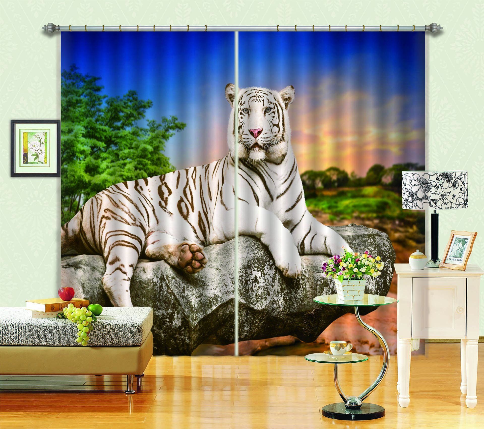3D White Tiger On The Rock Printed Window Curtain