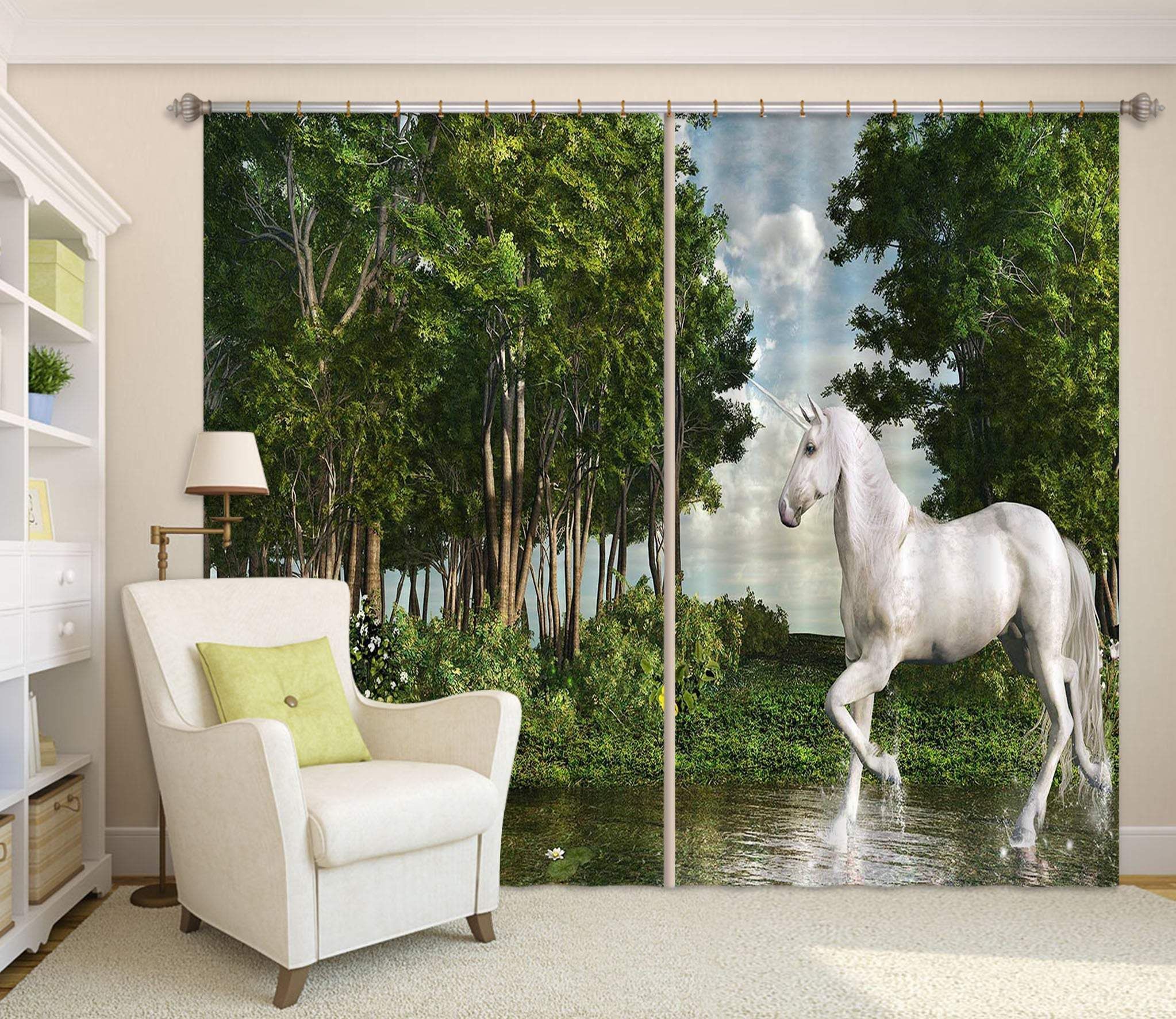 3D White Unicorn In The Forest Printed Window Curtain