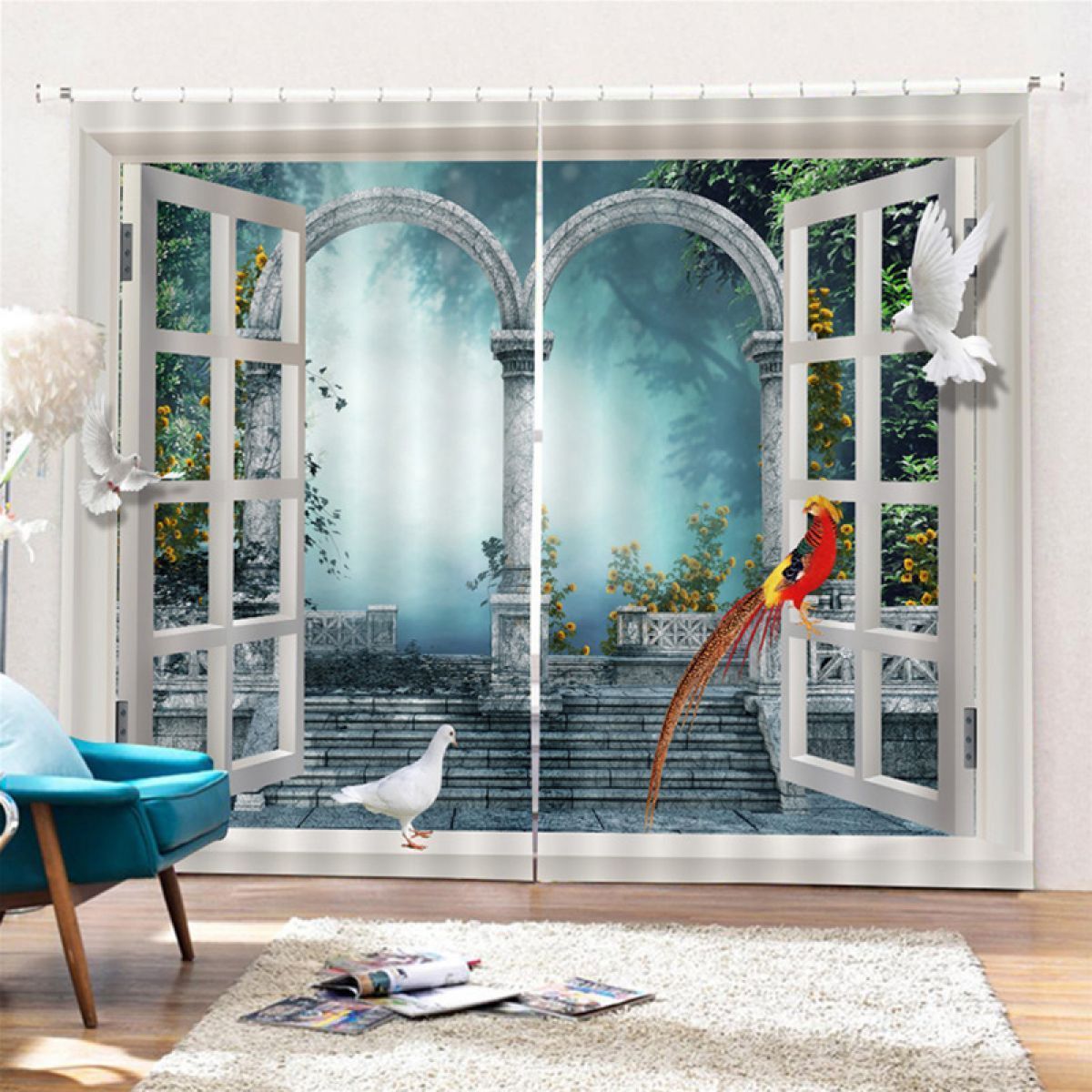 3d Window View Arch Door And Foggy Forest Printed Window Curtain Home Decor