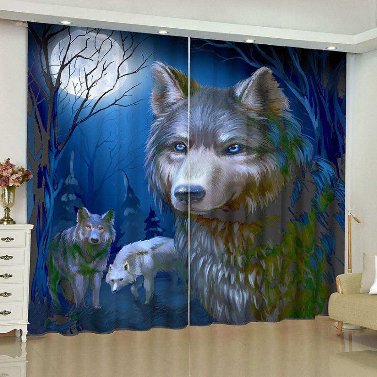 3d Wolf At Night Printed Window Curtain Home Decor