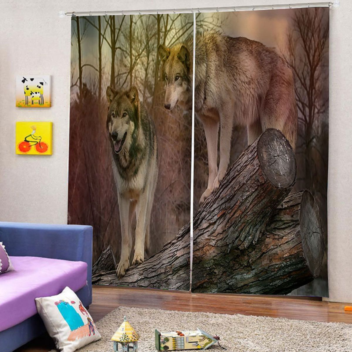 3d Wolf In Forest Printed Window Curtain Home Decor