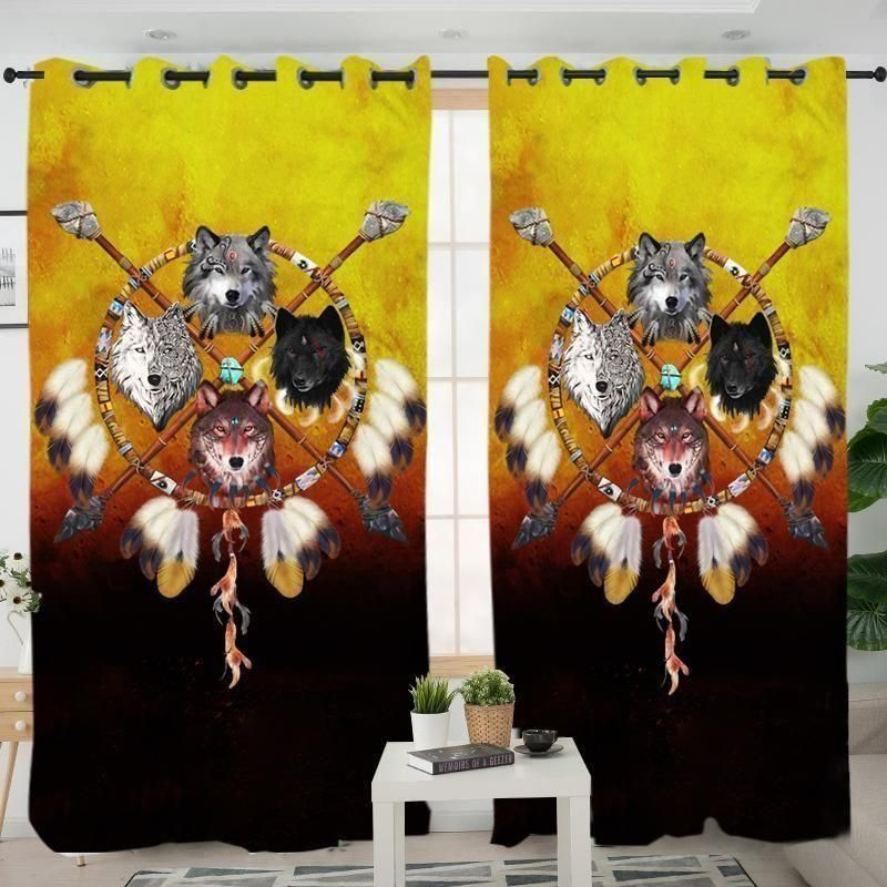 4 Wolves Warrior Dreamcatcher Native American Printed Window Curtain Home Decor