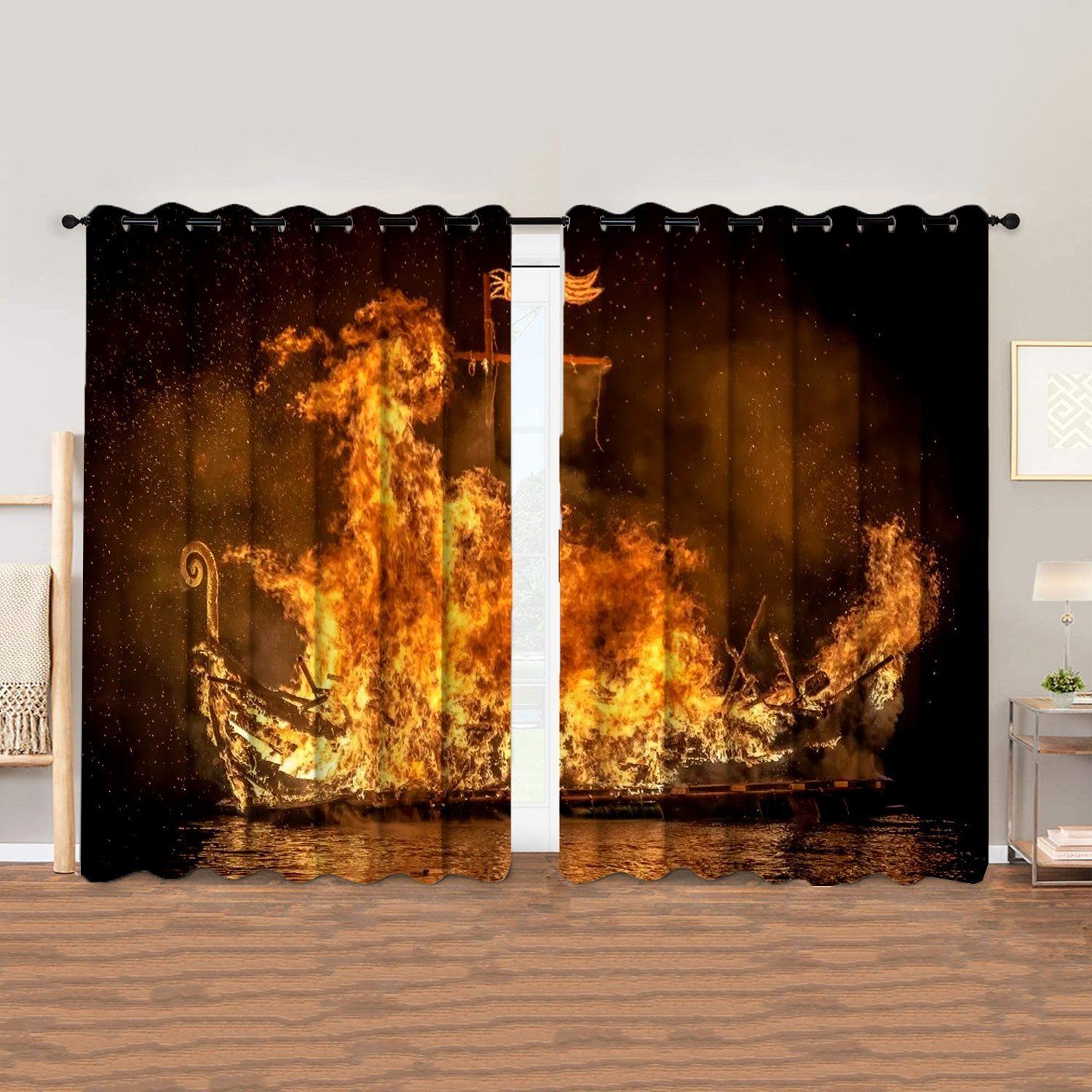A Ship Engulfed In Fire Printed Window Curtain