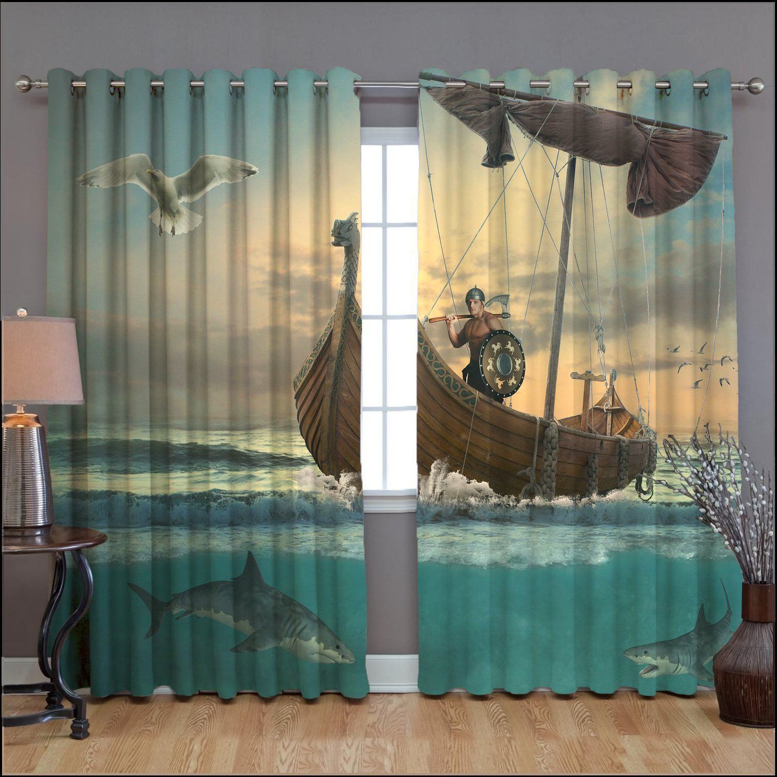 A Ship Viking Warrior Printed Window Curtain