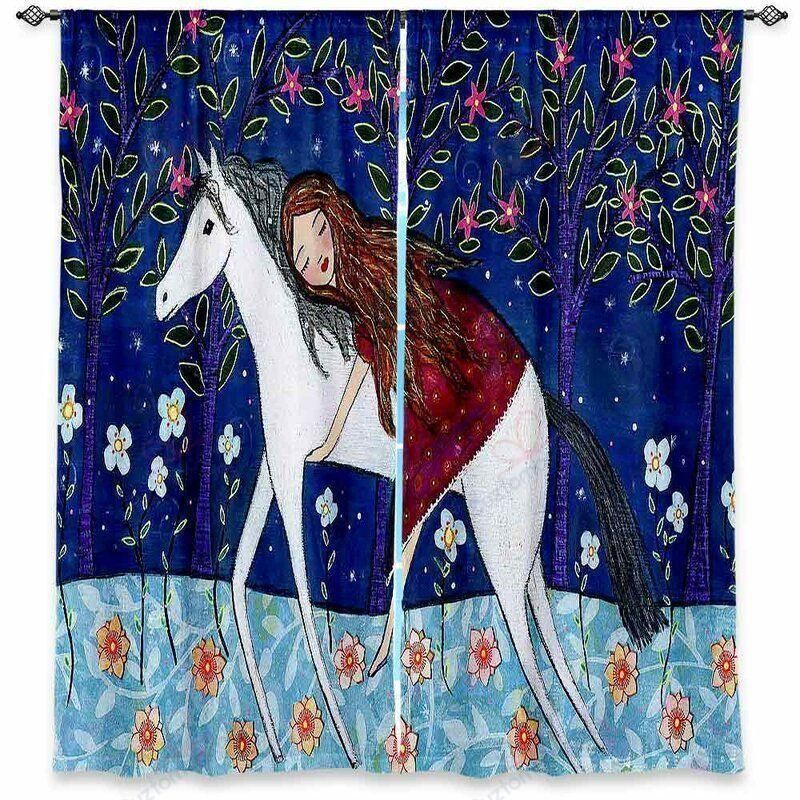 A Sleeping Girl On The Horse Back Printed Window Curtain Home Decor