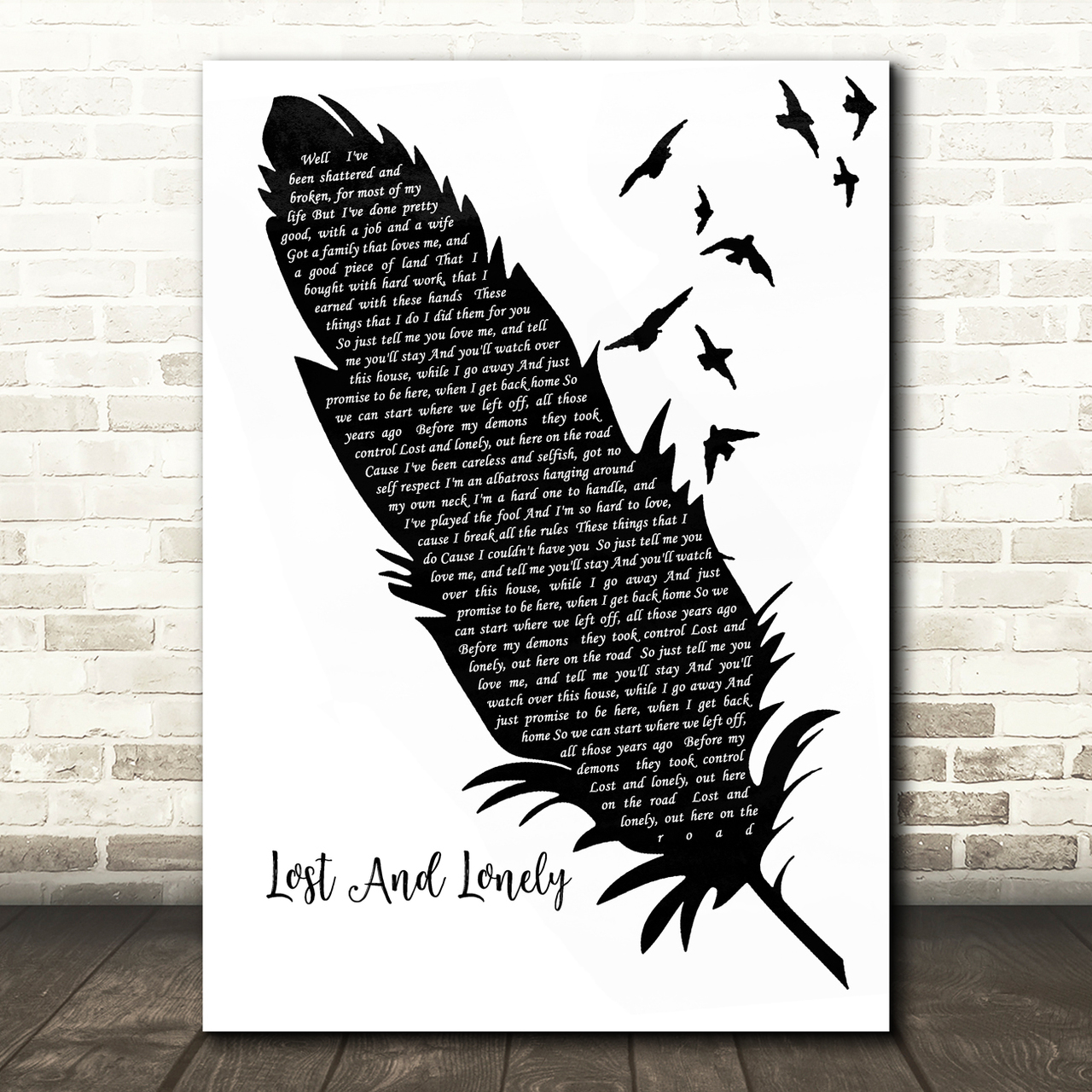 Aaron Lewis Lost And Lonely Black & White Feather & Birds Song Lyric Wall Art Print