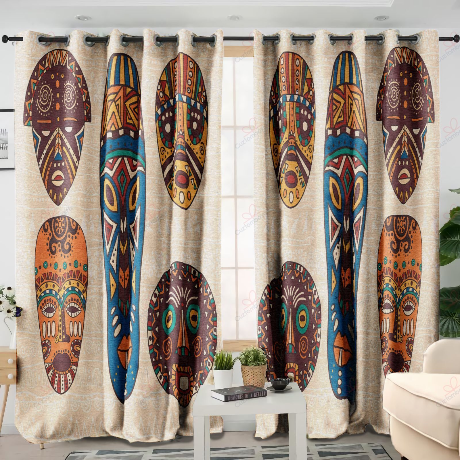 Africa Five Masks Printed Window Curtain Home Decor