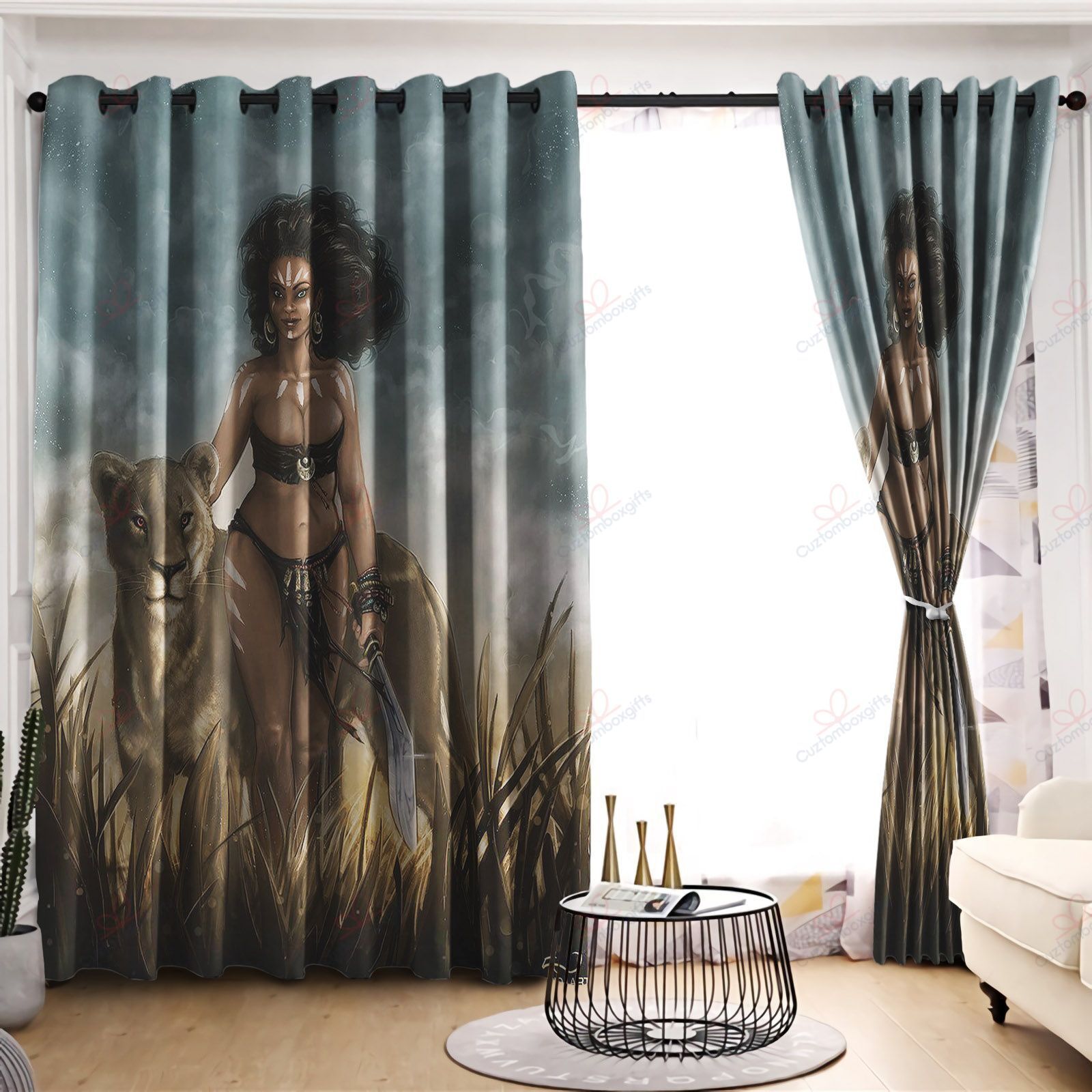 African American Woman And Tiger Printed Window Curtain Home Decor
