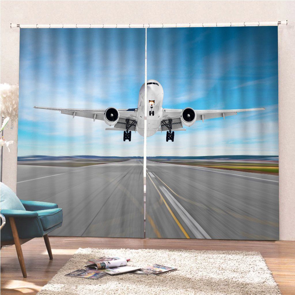 Aircraft Landing On A Runway Printed Window Curtain
