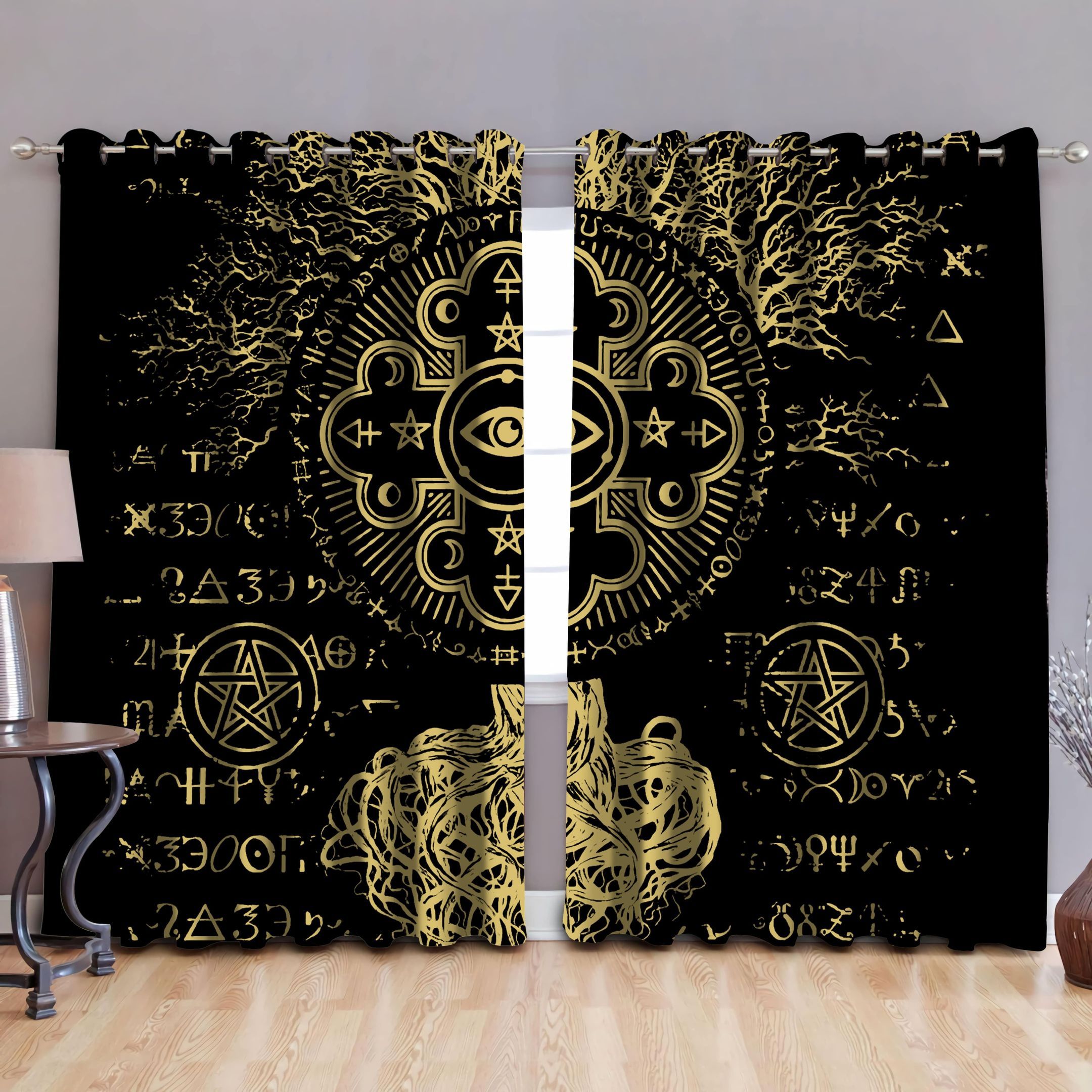 Alchemy Cross Yellow And Black Background Printed Window Curtain