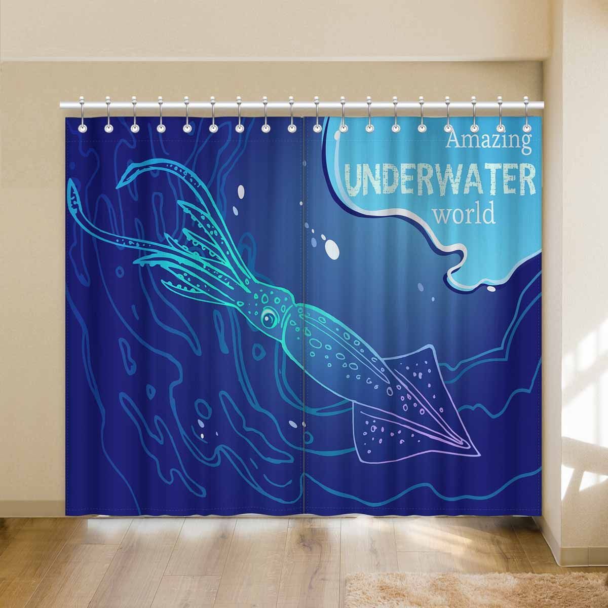 Amazing Underwater World Squid Printed Window Curtain