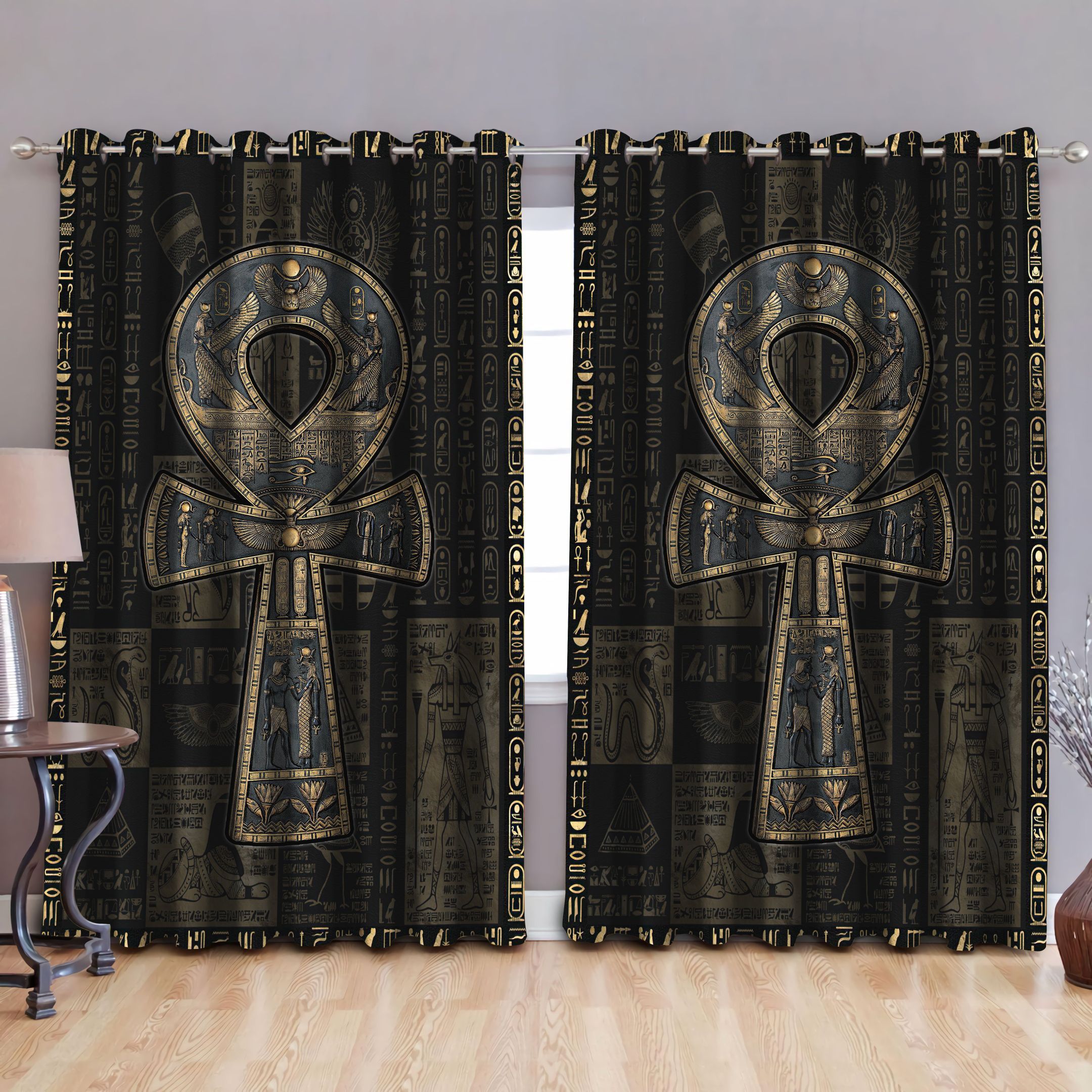 Ancient Egypt Dark Black Printed Window Curtain