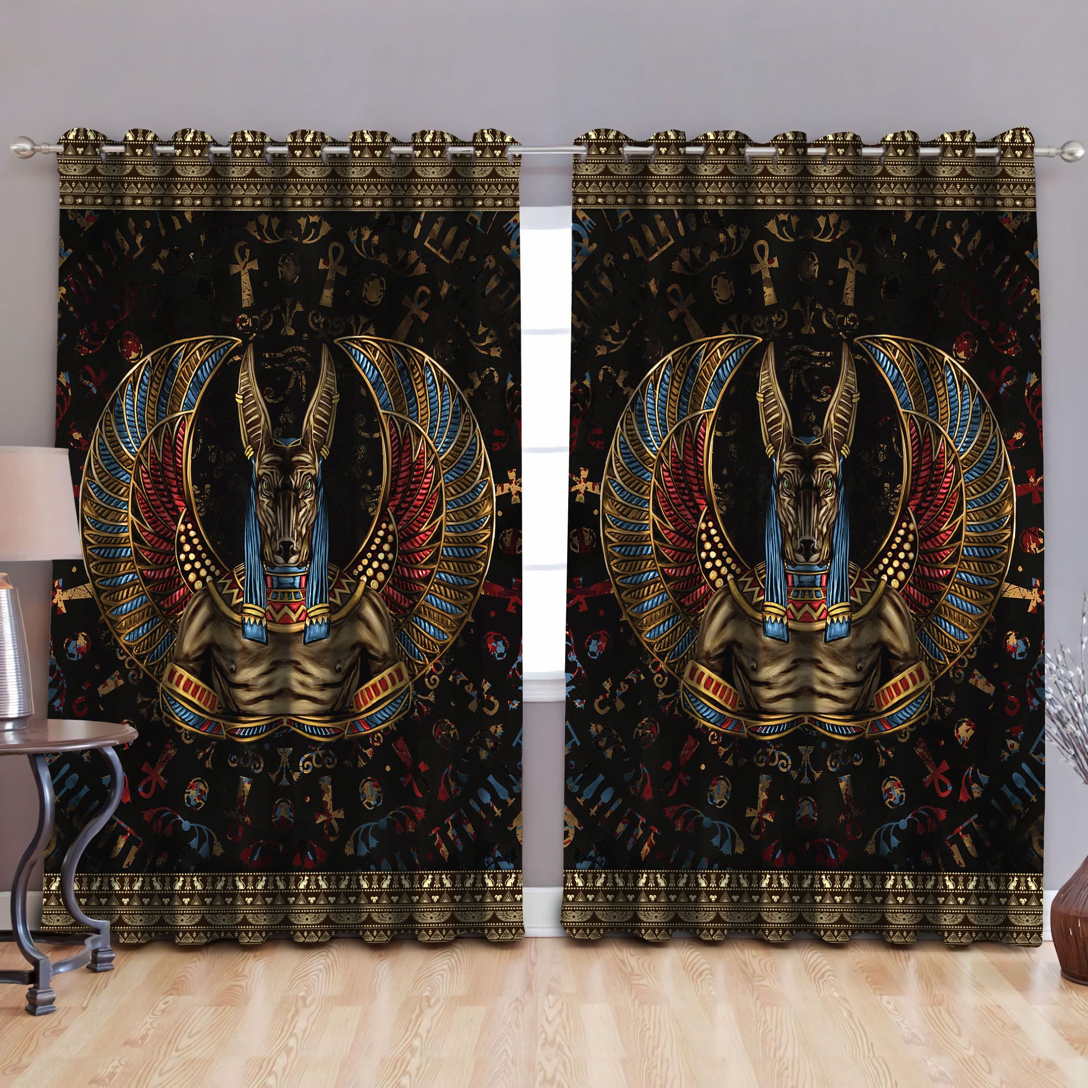 Ancient Egyptian Anubis Black Background Printed Window Curtain