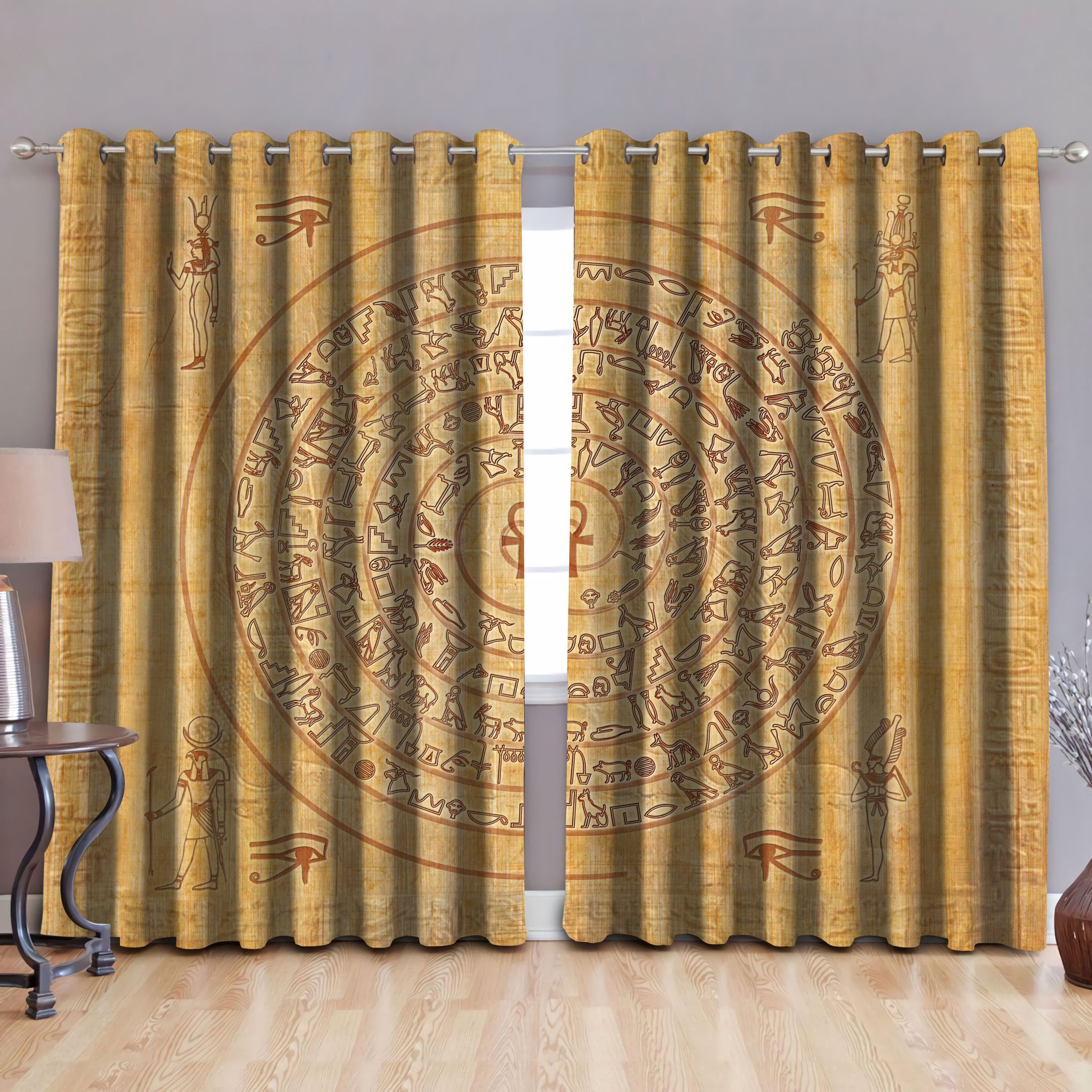 Ancient Egyptian Pattern Taupe Background Printed Window Curtain